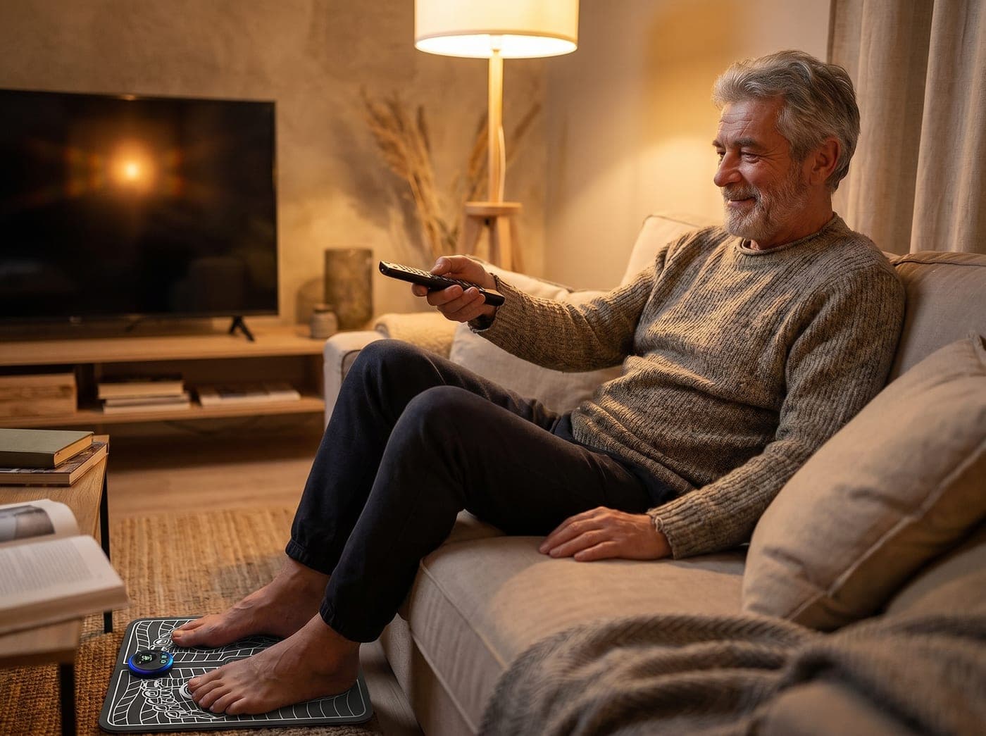 Idősebb férfi a kanapén pihen, lába a Vitineo Relax lábmasszírozón